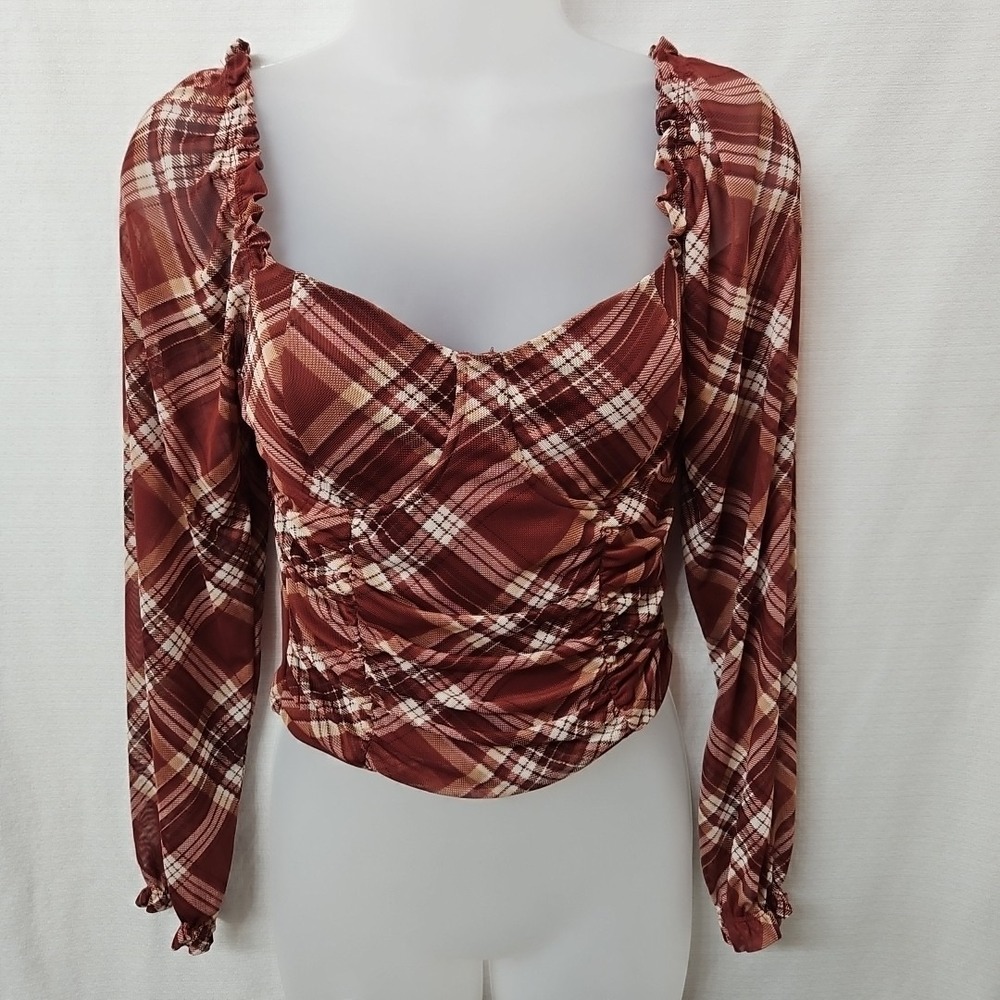 Womens Sz Small Almost Famous Y2k Plaid Blouse Micro Mesh Clueless Preppy